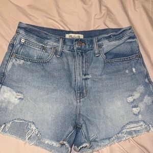 Madewell Faded Light Blue Distressed Denim MomJean Shorts